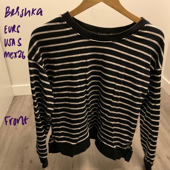 Bershka Navy Blue and White Striped Jumper - Picture 1 of 2